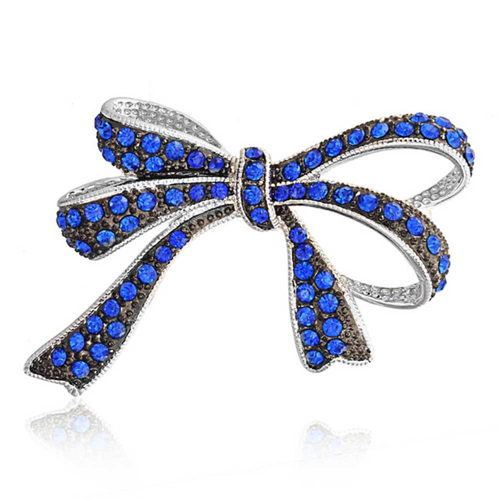 Winter Wedding Holiday Royal Blue Glittering Crystal Bridal Fashion Large Statement Ribbon Bow Scarf Brooch Pin For Women Silver Plated
