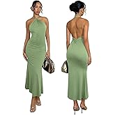 SKAYS Women's Summer Dress Halter Bodycon Maxi Dress Solid Backless Going Out Casual Elegant Party Dresses Green S