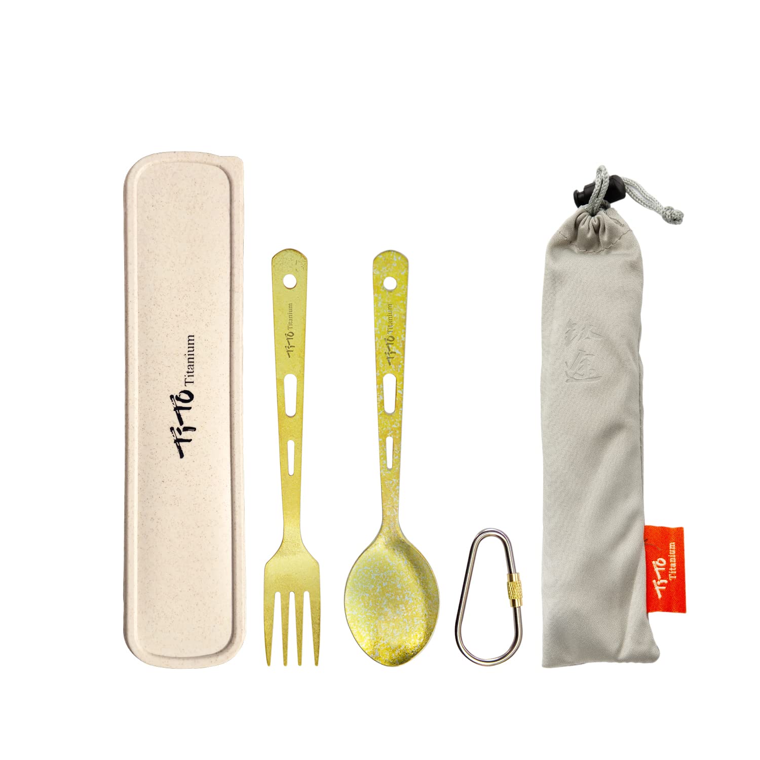 TiTo Titanium Spork Tableware Set Outdoor Camping Titanium Spoon Knife Collection 3 New Environmental Protection Sets with Box And Cloth Bag (2pcs Golden Spoon fork)
