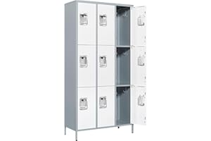 Anxxsu Metal Locker with 9 Doors Employees Locker, Metal Storage Locker with Hooks, 71" Storage Cabinet Lockers for Employees, Home, Office, Gym Requires Assembly (9 Doors, Grey White)