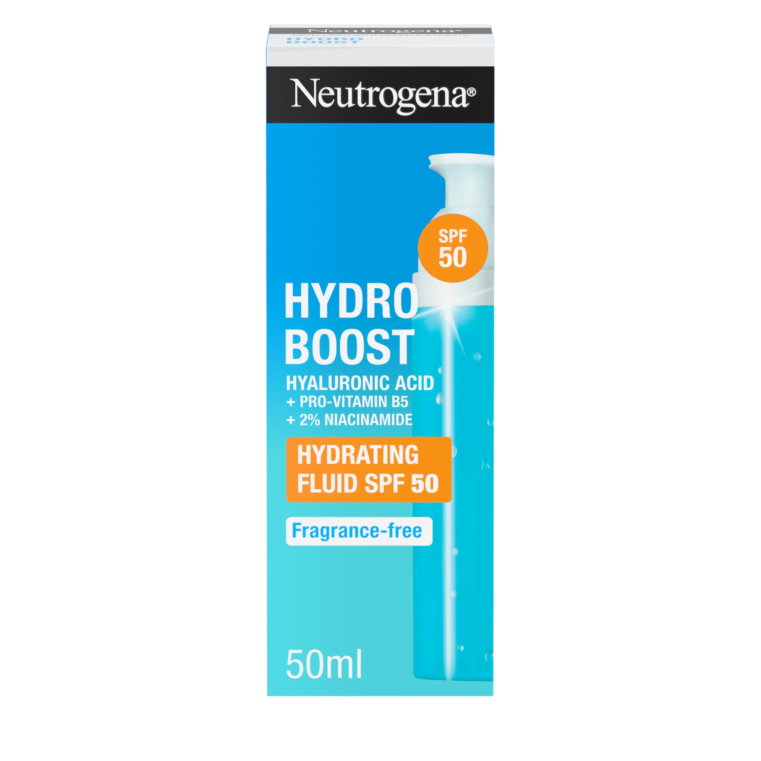 Neutrogena Hydro Boost Hydrating Face Fluid SPF 50, with Hyaluronic Acid, Pro-Vitamin B5 and Niacinamide, Broad Spectrum for Dry Skin, 50ml