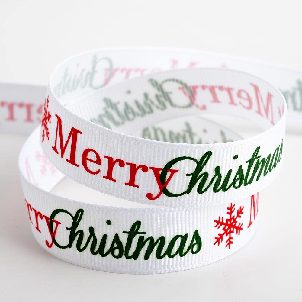 Italian Options White Merry Christmas Grosgrain Ribbon, Christmas Ribbon for Crafts, Gift Wrapping, Wreaths, Tree Decorations, Hair Bows, White, 16 mm x 5 Metre Roll