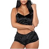AWIBMK Women's Velvet 2 Piece Outfit Spaghetti Strap Sleeveless Crop Top Camisole and Shorts Pajamas Set Sleepwear Nightwear