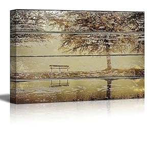 Canvas Wall Art - Autumn View with a Tree by a Lake on Vintage Wood Textured Background - Rustic Country Style Modern Giclee Print Gallery Wrap Home Art Ready to Hang - 12" x 18"
