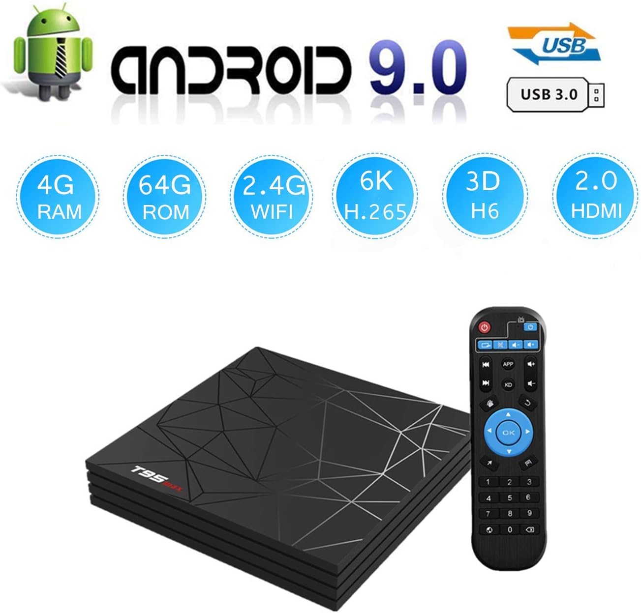 Android 9.0 TV Box, Newest Smart Box 4GB RAM 64GB ROM H6 Quad-Core Cortex-A53 Mali-T720MP2 Media Player Support 6K H.265 100M LAN Internet 2.4GHz WiFi 3D Set Top Box with USB 3.0