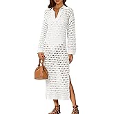 Saodimallsu Womens Crochet Swimsuit Cover Up V Neck Collared Long Sleeve Mesh Knit Long Beach Coverup Maxi Dress