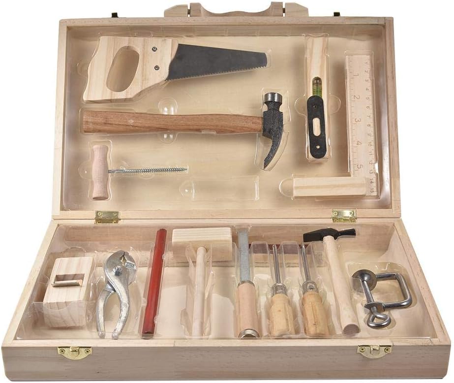 16-pcs DIY Kids Construction Educational Toys Plastic Building Tool Kits Set,Constructive Playthings – Wooden and Steel Child-Sized Real Tool – Ages 6+