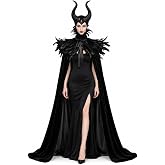 HOMELEX Feather Cape Shawl with Horns Costume for Women | Feather cape shawl and horn headpiece create a dark queen, raven or gothic witch look for Halloween and cosplay.
