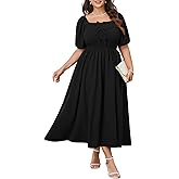 SCOMCHIC Women's Plus Size Cocktail Dress Milkmaid Bow Front Short Sleeve Square Neck Smocked Wedding Guest Maxi Dress
