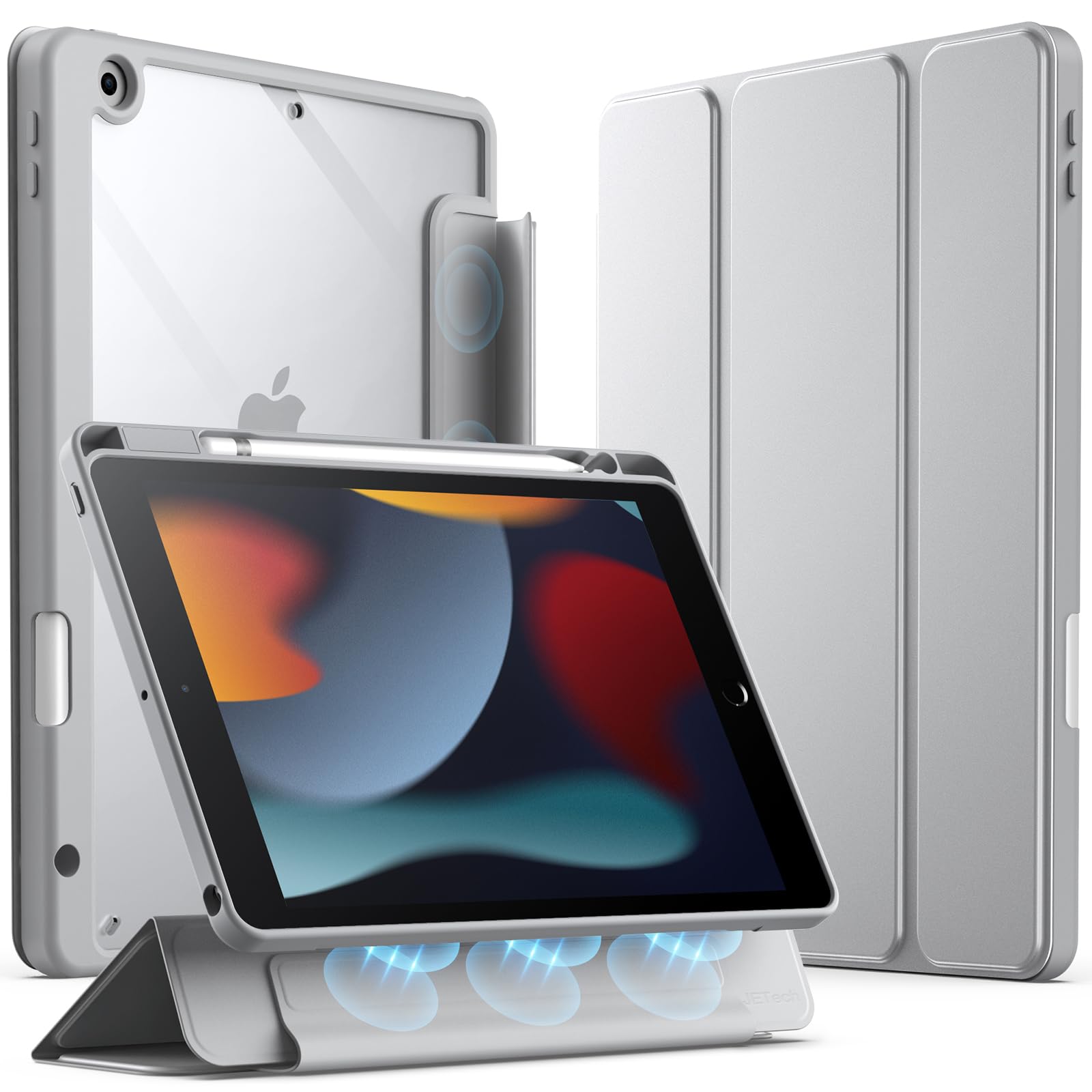 JETech Detachable Case for iPad 9/8/7 (10.2-Inch, 2021/2020/2019 Model, 9th/8th/7th Generation) with Pencil Holder, Removable Magnetic Cover Trifold Stand Clear Back, Auto Wake/Sleep (Silver)