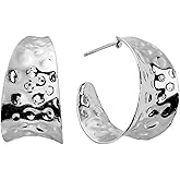 Amazon Essentials Fine Silver Plated 25mm X 13.7mm Medium Hammered Post Hoop Earrings