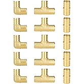 SUNGATOR 15-Pack 3/4 Inch PEX Fittings Kit, 5 Each Elbow, Tee, Coupling Kit | Brass, Crimp Pipe Fitting for PEX Tubing