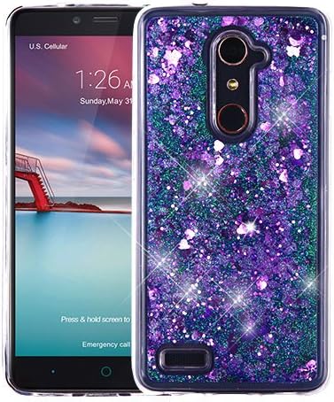 ZTE BLADE X MAX / ZTE ZMAX PRO Case, Casey Case, [Sparkle Bling] [Flowing Liquid Quicksand Glitter Sand] Protective Hybrid TPU Bumper Back Cover (Hearts - Purple)