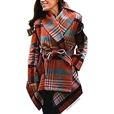 CHICWISH Women's Turn Down Shawl Collar Earth Tone Check Asymmetric Hemline Wool Blend Coat