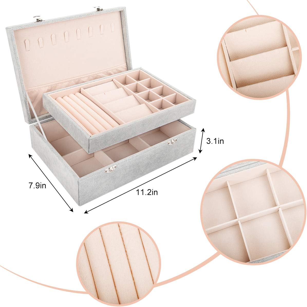 Mebbay Two Layer Velvet Jewelry Box Organizer Display Storage Case with Lock for Necklace Stud Earrings Bracelets Rings (Grey): Home Improvement