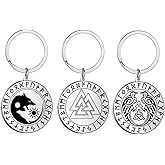 VASSAGO Viking Runes Keychains 3 Pieces Stainless Steel Coin Pendant Key Chain Celtic Symbol Wolf Raven Hrunger Heart Keyring