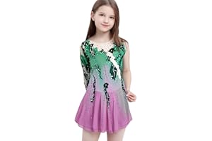 JoyCan Pink and Green Figure Skating Dress for Competitions and Show Suitable for Girls