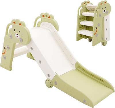 YULEYU Kids Foldable Toddler Slide Indoor Outdoor Play Equipment White Green