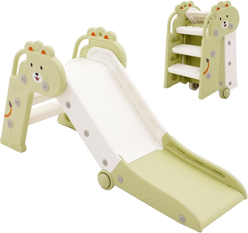 YULEYU Kids Foldable Toddler Slide Indoor Outdoor Play Equipment White Green