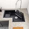 LOVEDIMA 32" Black Drop In Corner Kitchen Sink,Single Bowl Quartz Irregular Left Sink with Drain Pipe and Overflow