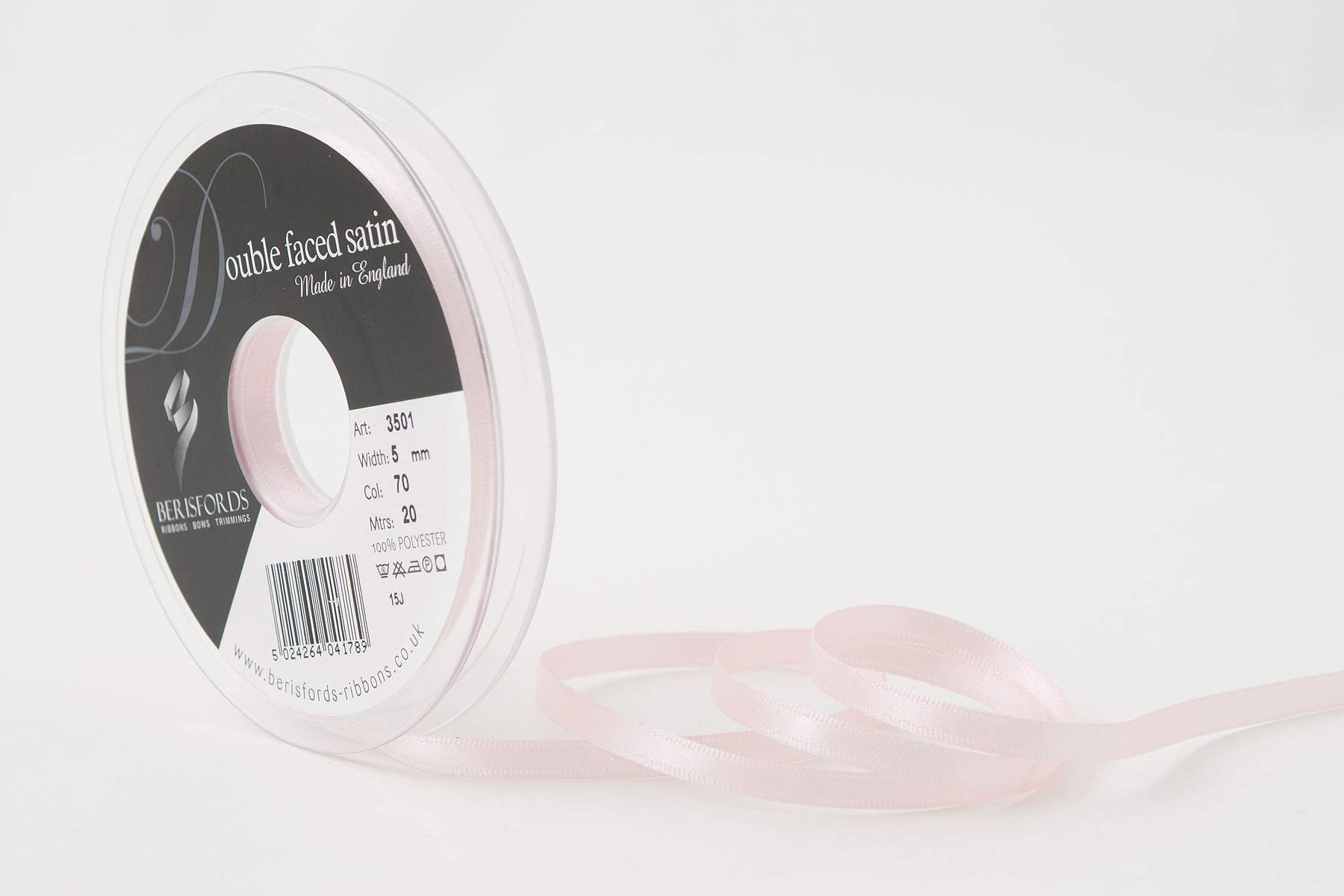 Berisfords Double FACE Poly Satin Ribbon, Pale Pink, 5 mm