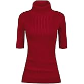 v28 Women Turtleneck 1/2 Half Sleeve Highly Stretchy Ribbed Knit Fitted Sweater