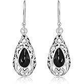 AeraVida Classic Vintage Simulated Black Onyx Filigree Teardrop .925 Silver Earrings, 0.43x1.46 inch | Vintage Earrings for Women | Elegant Black Earrings