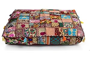 CRAFT KALA Indian Square Patchwork Traditional Pouf Cover Indian Living Room Poufs Decorative Embroidered Designer Ottoman Home Living Footstool Chair Cover Decor Pillow Cover 35 inches, Brown