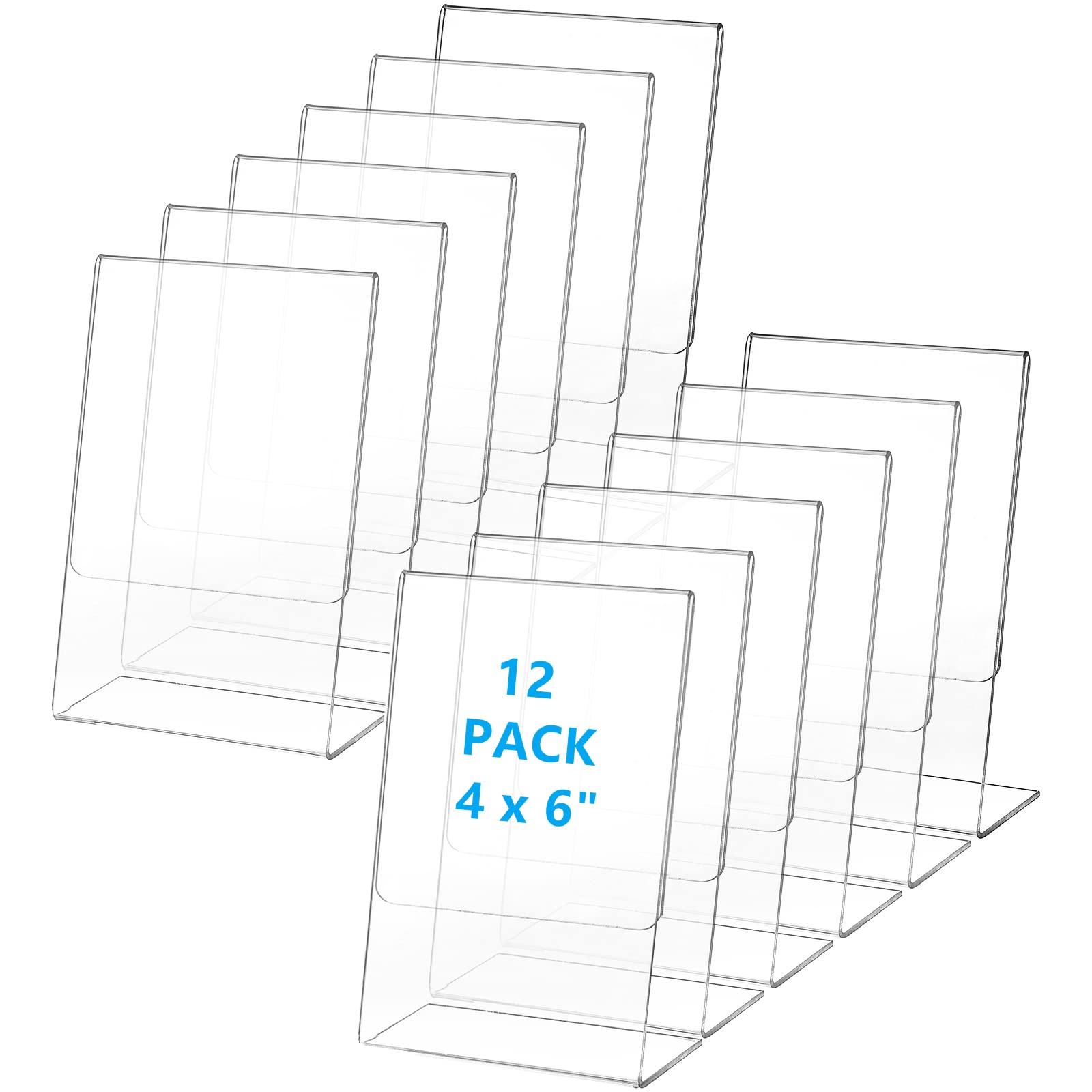 Frcctre 12 Pack Acrylic Sign Holder, 4 x 6 Inches L-Shape Slant Back Clear Plastic Desktop Flyer Display Stand for Home, Office, Store, Restaurant