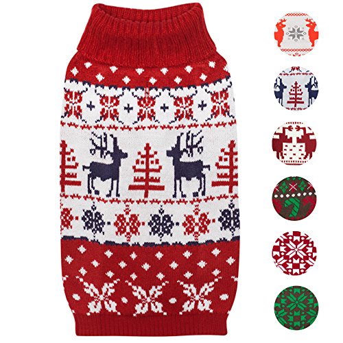 Blueberry Pet Vintage Ugly Christmas Reindeer Holiday Festive Pullover Dog Sweater in Tango Red & Navy Blue, Back Length 14