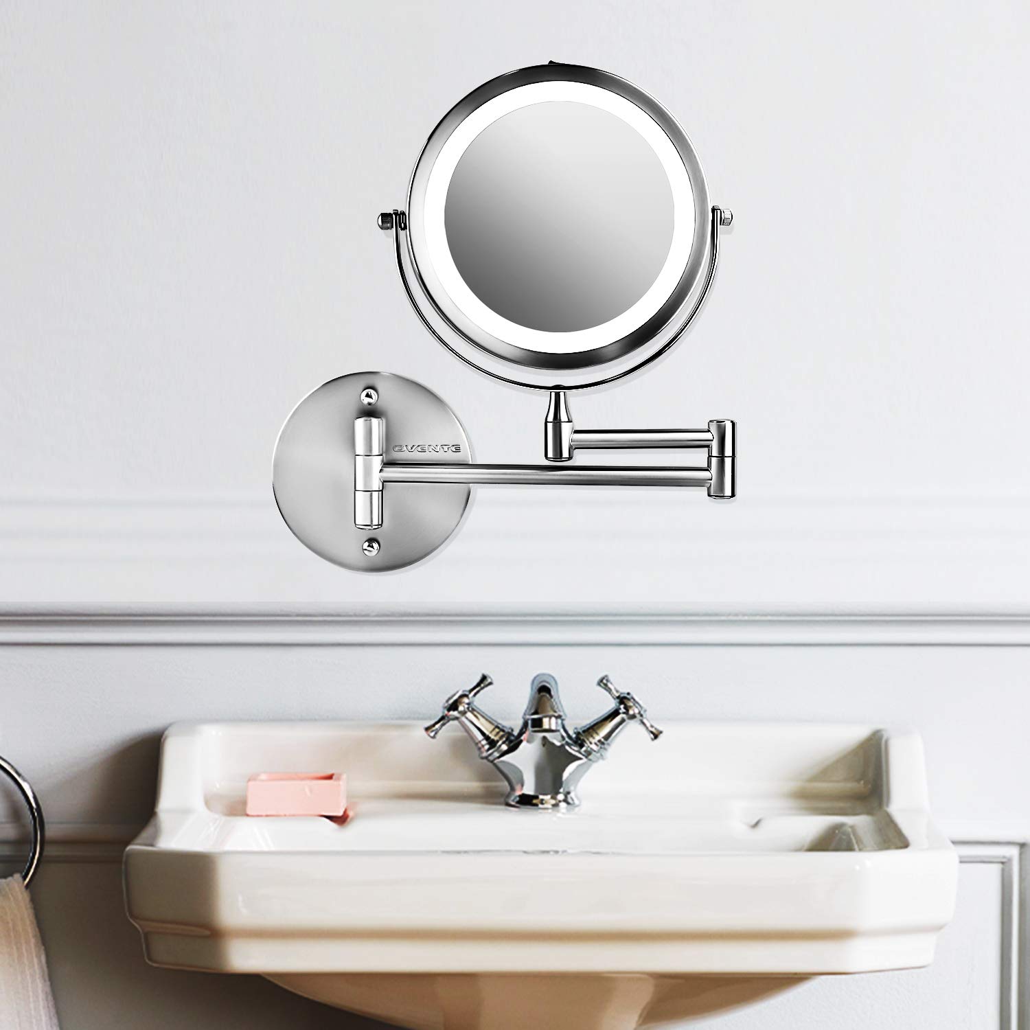 OVENTE Wall Mounted Double Sided 180 extendable arm Vanity Makeup Mirror 7 Inch 1X with Full View 7X Magnification and LED Light, 360 Rotation, 4 AAA Battery Operated Nickel Brushed MFW70BR1X7X : Beauty