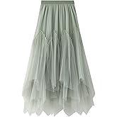 Women's Tulle Skirt Formal High Low Asymmetrical A-Line Fairy Elastic Waist Layered Long Midi Skirts