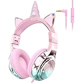 QearFun Kids Unicorn Headphones Wired with Mic, 85/94dB Safe Volume Limit, Sparkly Wired Headset, Foldable, Sharing Port & Tangle-Free Cord for School, Chromebook, Tablet, Travel, Boys & Girls