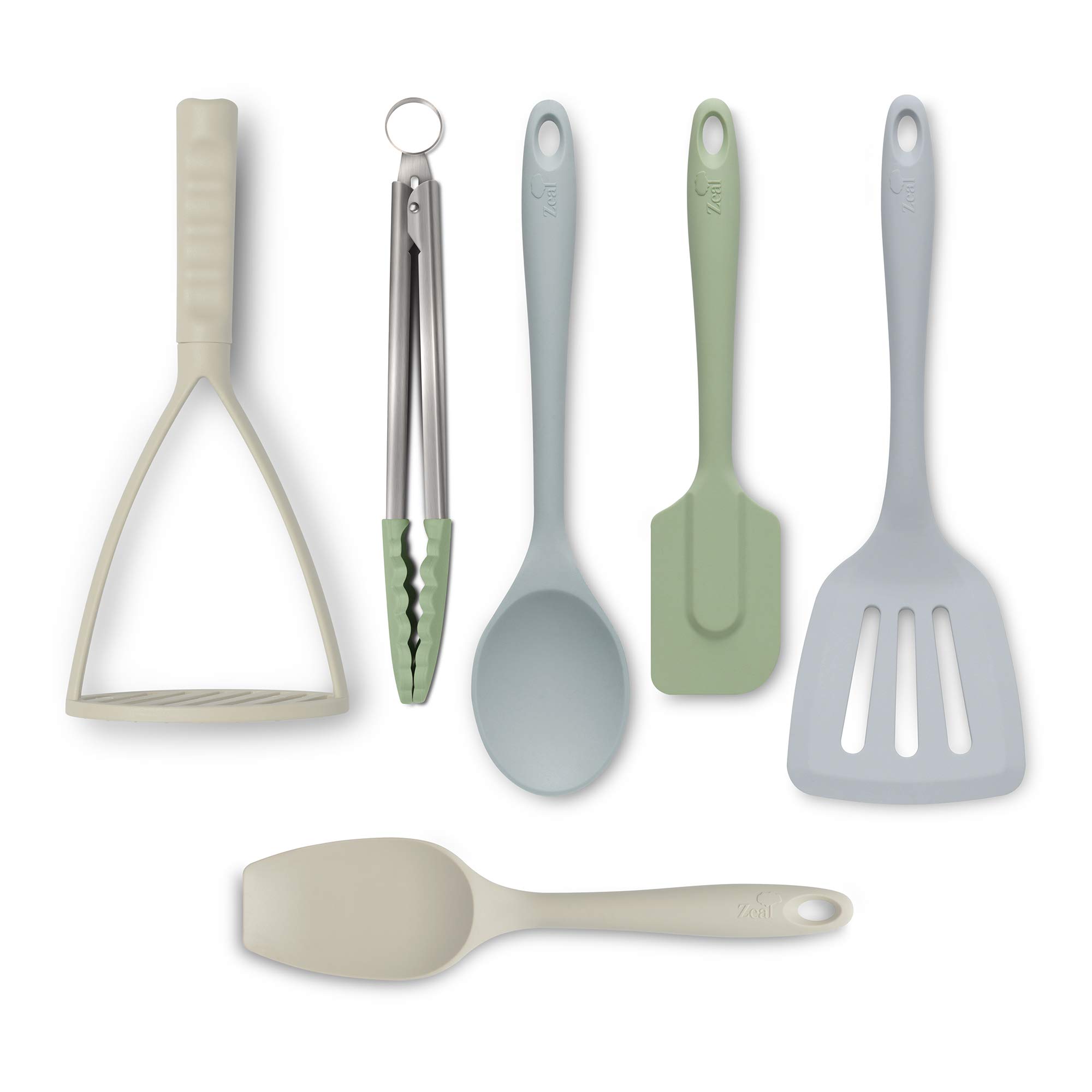 Zeal JSET47QN Non-Stick Silicone Tongs, Turner, Spatula, Cooks Spoon, Spatula & Masher 6-Piece Set-Neutral Mix,Large