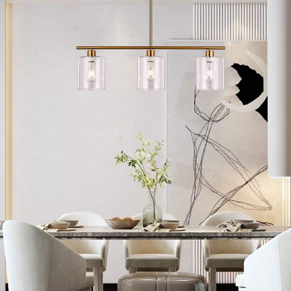 XILICON Kitchen Island Lighting Chandelier Light Fixture for Dining Room Hanging Brushed Brass 3 Light Pendant Light Contemporary with Glass Shade for Living Dining Room Bedroom - - 