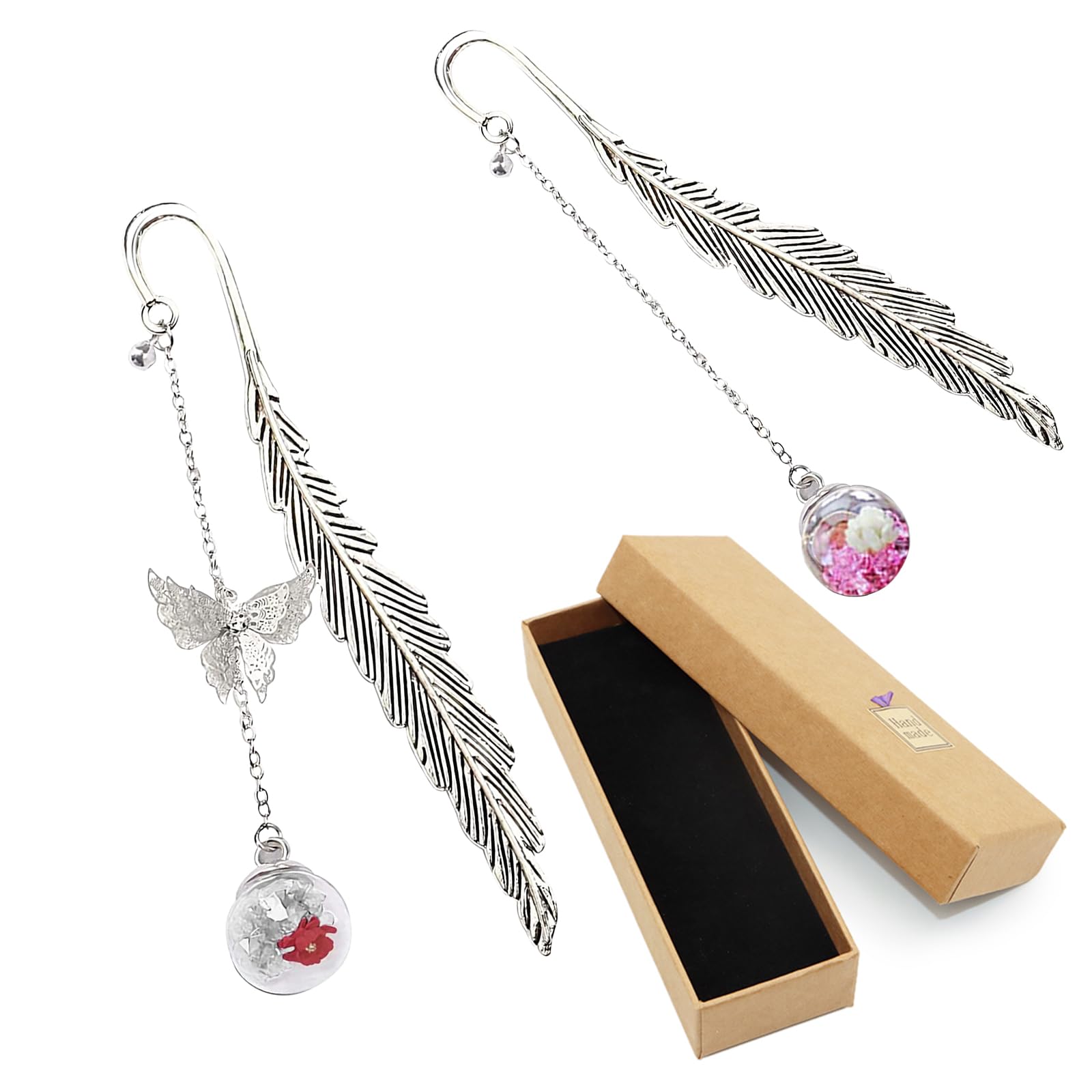 2 Pcs Metal Feather Bookmarks, VEGCOO Creative Vintage Bookmark with 3D Butterfly and Dry Flower Pendant, Classical Handmade Bookmarks for Women Men Boys Girls Students Readers (White + Pink)