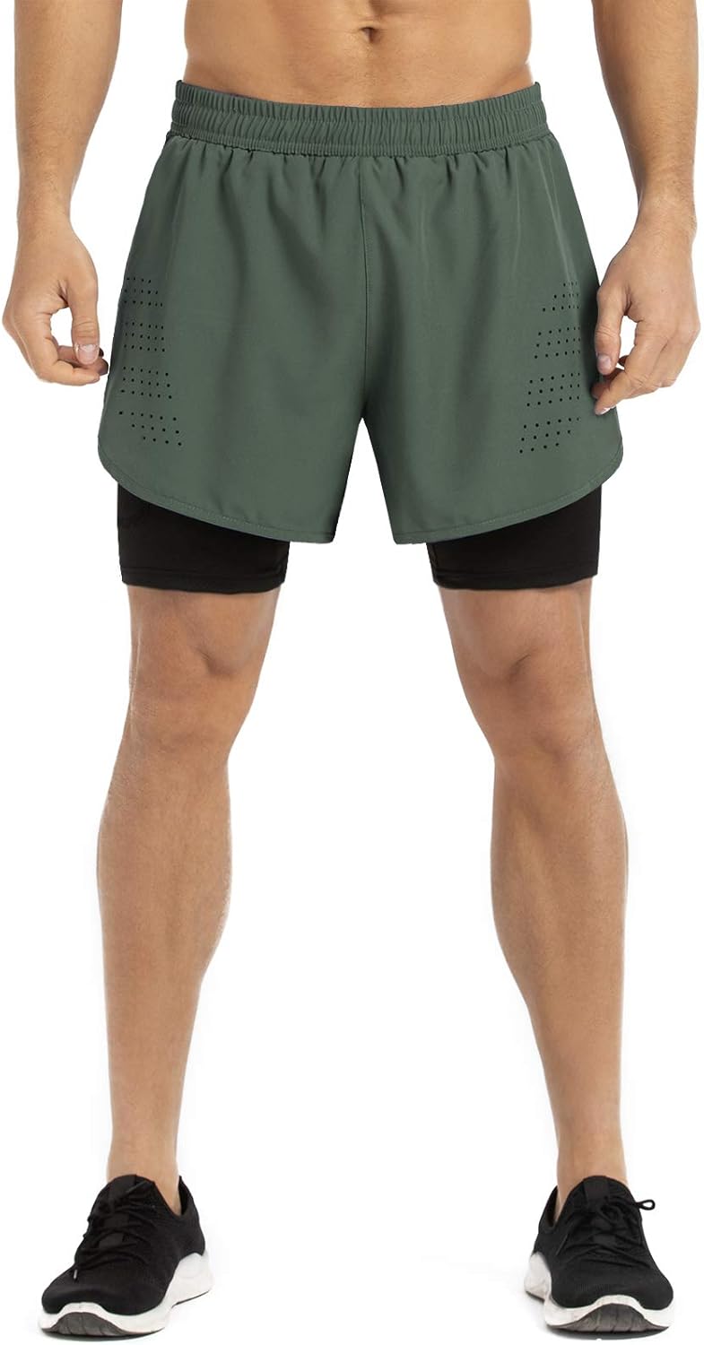 Gesean Men's 2 in 1 Workout Running Shorts 5" Lightweight Gym Training Sport Short with Phone Pockets: Clothing