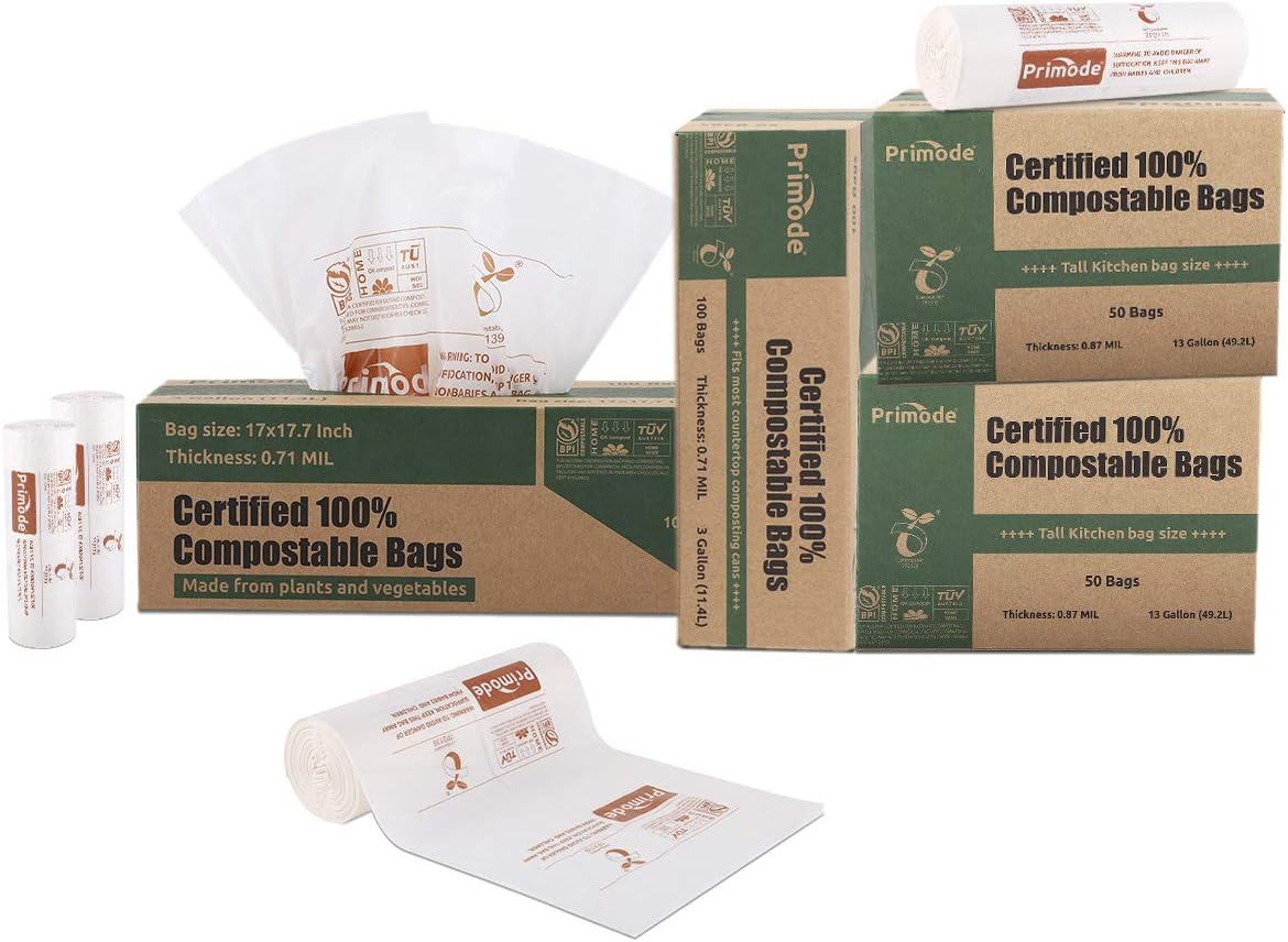 Primode 100% Compostable Bags, 3 Gallon Food Scraps Yard Waste Bags, 100 Count, Extra Thick 0.71 Mil. ASTMD6400 Compost Bags Small Kitchen Trash Bags, Certified By BPI And TUV: Health & Personal Care
