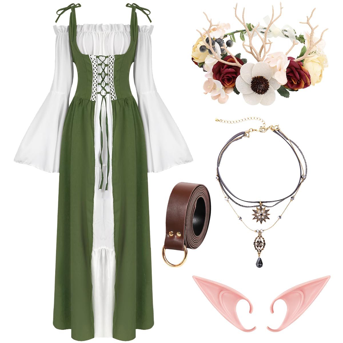 WILDPARTY Renaissance Dresses Medieval Costume for Women Flower Crown Elf Ear Choker Necklace Leather Belt Fairy GreenWhite-2XL