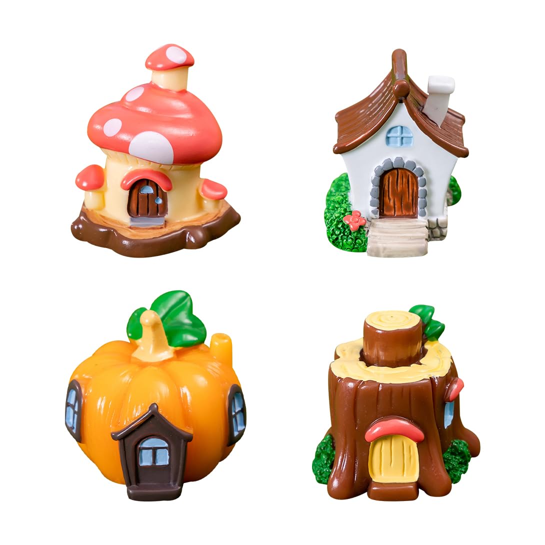 Koonafy 4 PCS Mini Miniature Fairy Houses, Little House Figurine, Fairy Garden Cottage Micro Landscape Ornaments Accessories for Bonsai, Succulent Planting, Flower Pot (4pcs)