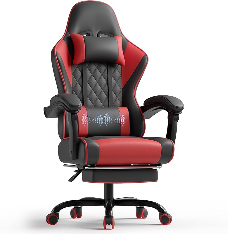 Sedia da Gaming Massaggiante,Sedia Gamer con Poggiapiedi Telescopico,Regolabile 90-150°,Poltrona da Gaming con Poggiatesta e Cuscino Lombare, Ufficio,Portata 150kg(Rosso)