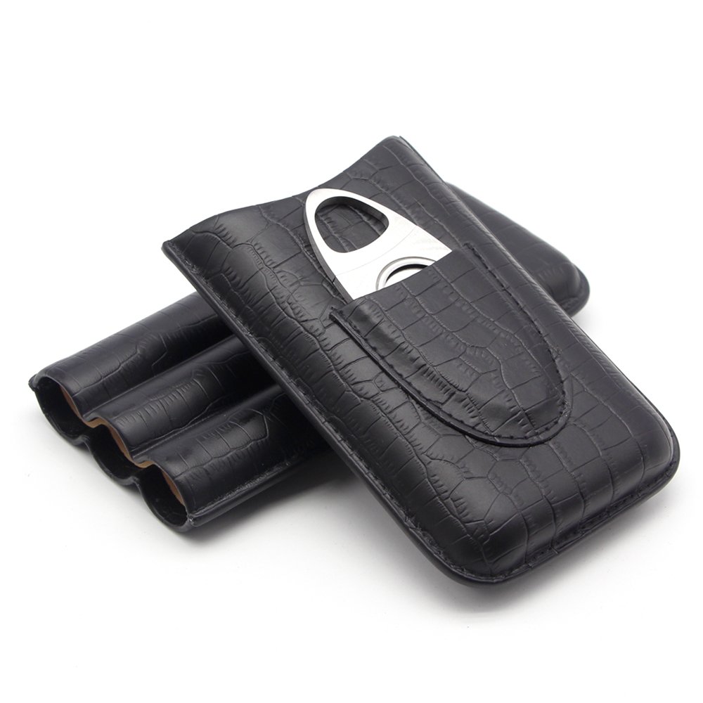 GALINER 3ct Cigar Case, Genuine Leather Cigar Travel Case Humidor with Cigar Cutter (Black)