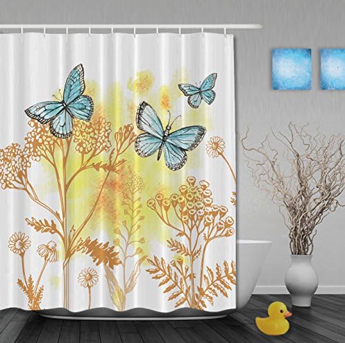 Spring Landscape Shower Curtain Flower Dancing Butterfly Bathroom Shower Curtians Waterproof Mildew Polyester Fabric Yellow 60"x72"