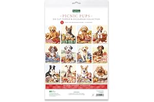 Katy Sue Designs Picnic Pups Die Cut Topper & Decoupage Collection. 4 Sheets of Dog-Themed Square Card Toppers & 4 Sheets of Matching Die Cut Decoupage Sheets for Card Making Supplies & Craft Supplies