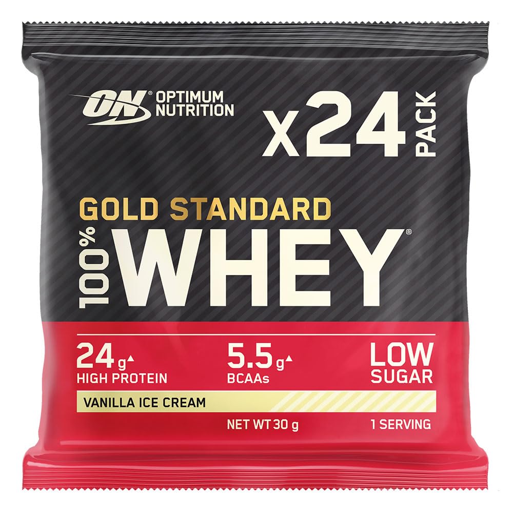 Optimum Nutrition Gold Standard 100% Whey Muscle Building and Recovery Protein Powder With Naturally Occurring Glutamine and BCAA Amino Acids, Vanilla Ice Cream Flavour, Pack of 24, 24 x 30g
