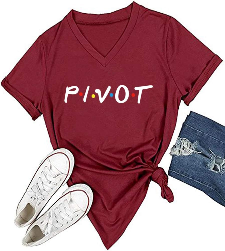 DANVOUY Women Pivot V-Neck Graphic T-Shirt Casual Tops Tees Wine Red Large