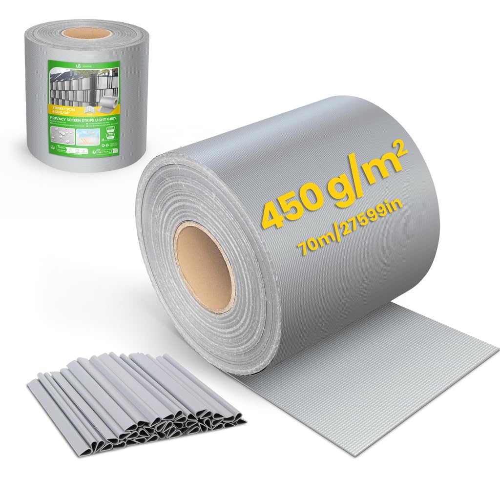 VOUNOT® PVC Privacy Screen Strips 450 g/m² Garden Privacy Fence Screen 70m x 19cm Double Rod Mats with 40 Clips for Deck, Patio, Balcony, Light Grey