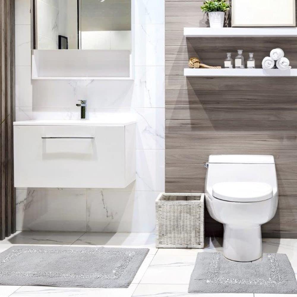 Diamante Sparkle 100% Cotton Heavyweight 2 Piece Bath Mat & Pedestal Bathroom Toilet Set Silver Grey (Standard)