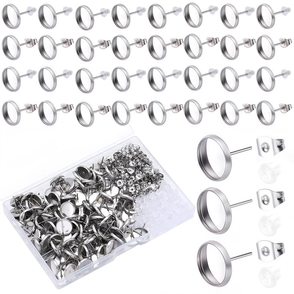 SOFPLATE 1 Box 100Pcs 10Mm Stud Earring Blanks Cabochon Stud Earring Blanks hypoallergenic Stainless Steel Flat Round Earring Studs with Ear Nut Silver Ear Posts for Jewellery Making Supplies DIY