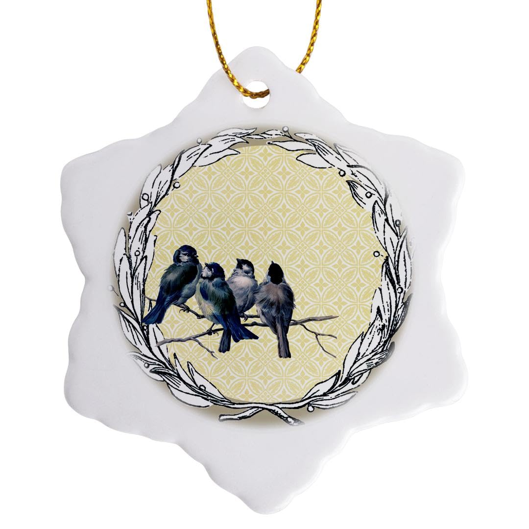 3dRose Wreath with Blue Birds Snowflake Ornament, Porcelain, Multi-Colour, 3-Inch